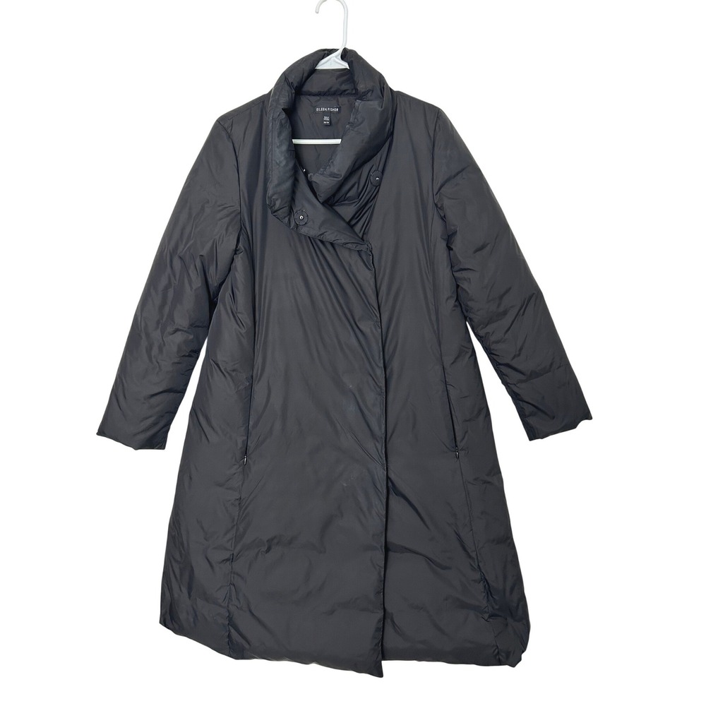 Eileen Fisher Puffer Coat Women XS Black Double Breasted Snap Down Long Jacket
